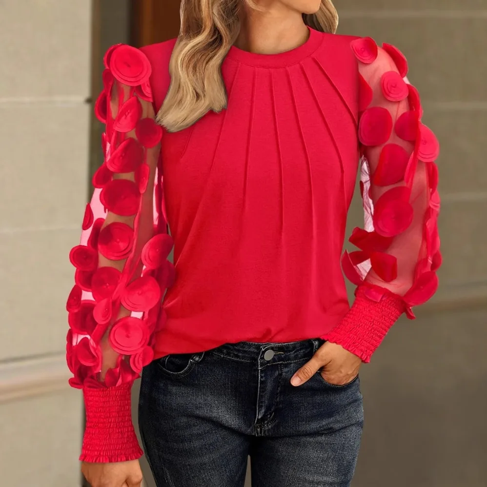 

Women Blouse Elegant Round Neck Mesh Hollow Puff Pullover Tops Solid Color Long Sleeves Pleated Chest Shirt Women's Clothing