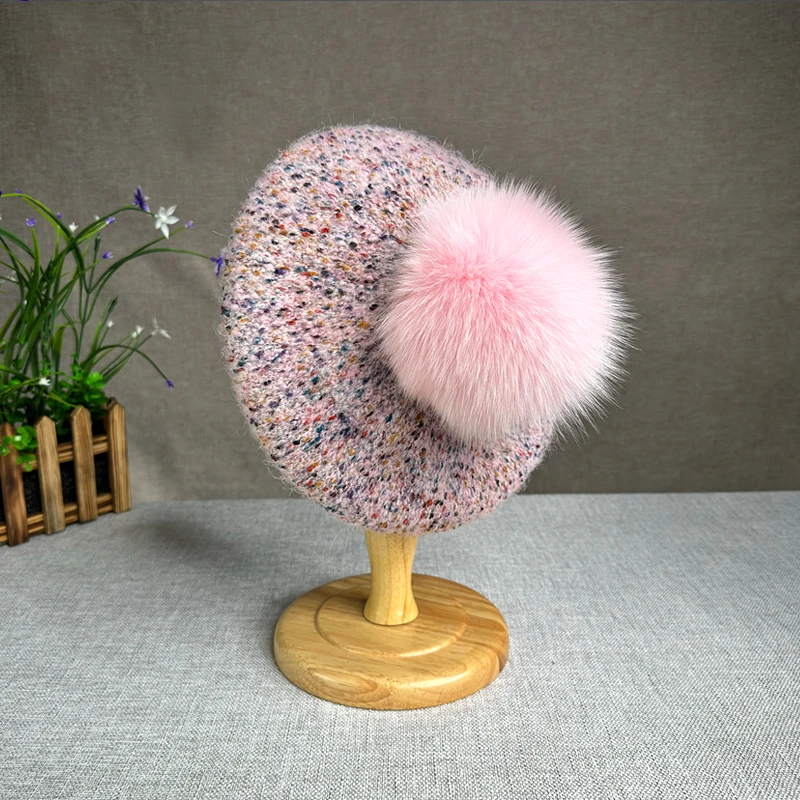 100% Natural fur pompom Berets hat for women Fashion High quality winter Women Hat Girls Female Warm Walking Travel berets