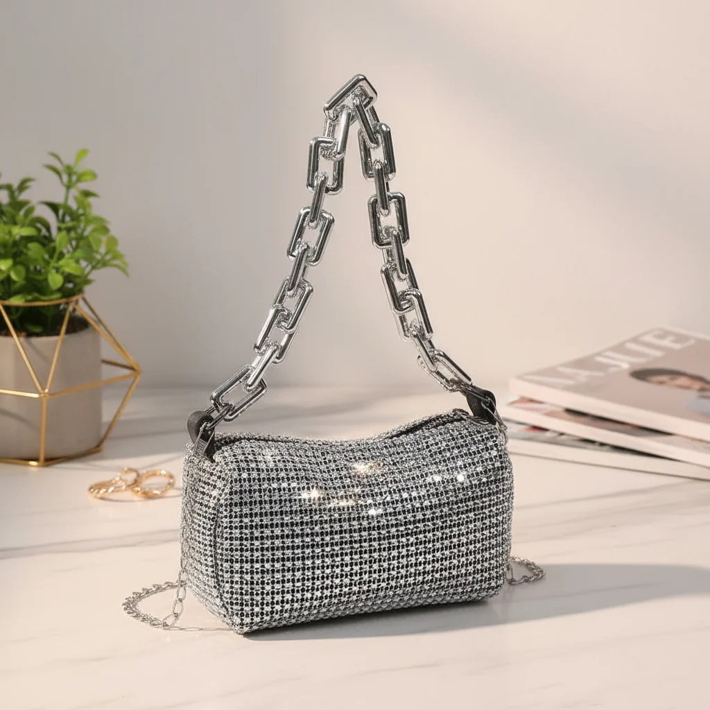 Sparkling Rhinestone Chain Shoulder Bag for Women, Y2K Bling Cylinder Crossbody Handbag, Thick Chain Evening Clutch Purse