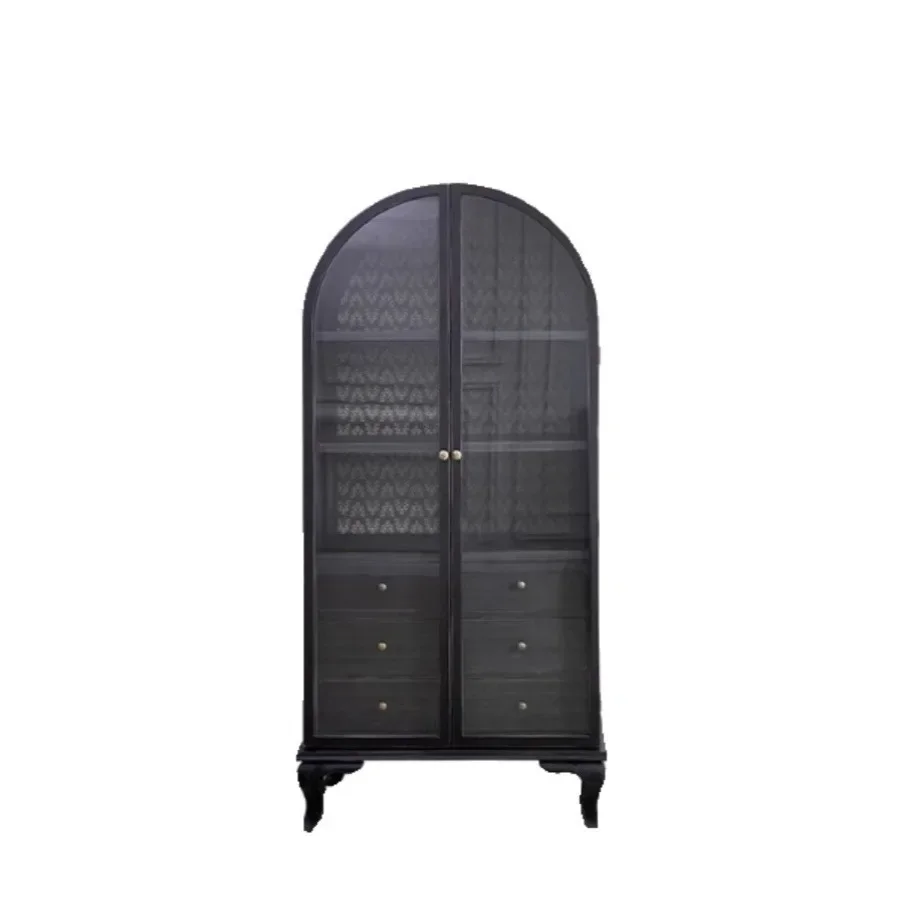 

American-Style Arched Bookcase French Retro Wine Cabinet Nordic Solid Wood Household Sideboard Cabinet with Glass Door