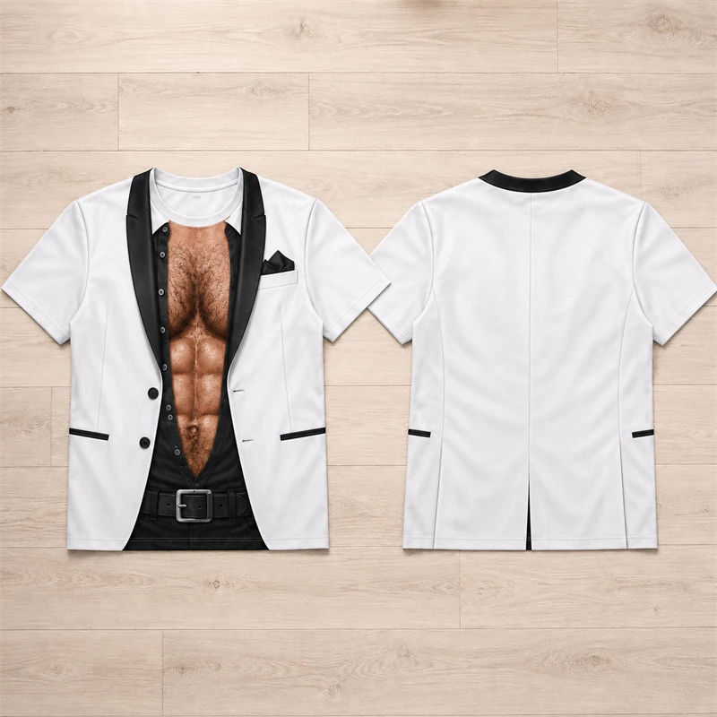 Fashion 3D Visual Fake Suit Muscle T Shirt For Men Tuxedo Print Short Sleeve Crew Neck Tee Novelty Streetwear Casual Summer Tops