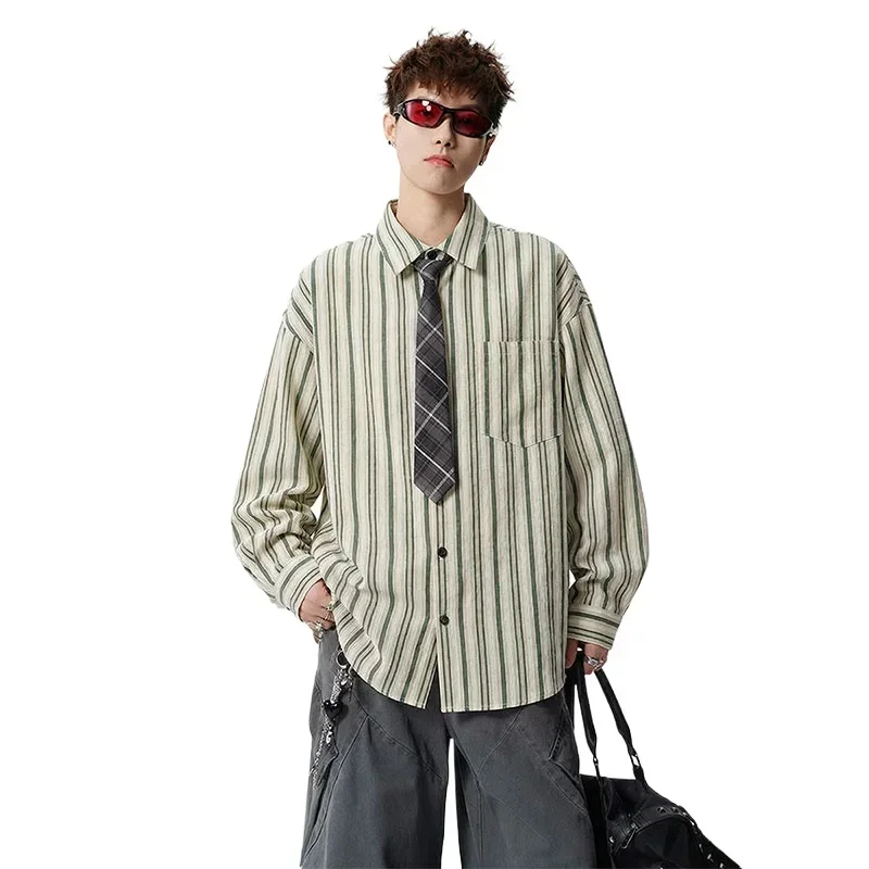 Fashion Men Vintage Striped Shirt Long Sleeve Cotton Blend Casual Top Streetwear Urban Wear Spring Summer Shirt for Daily Outfit