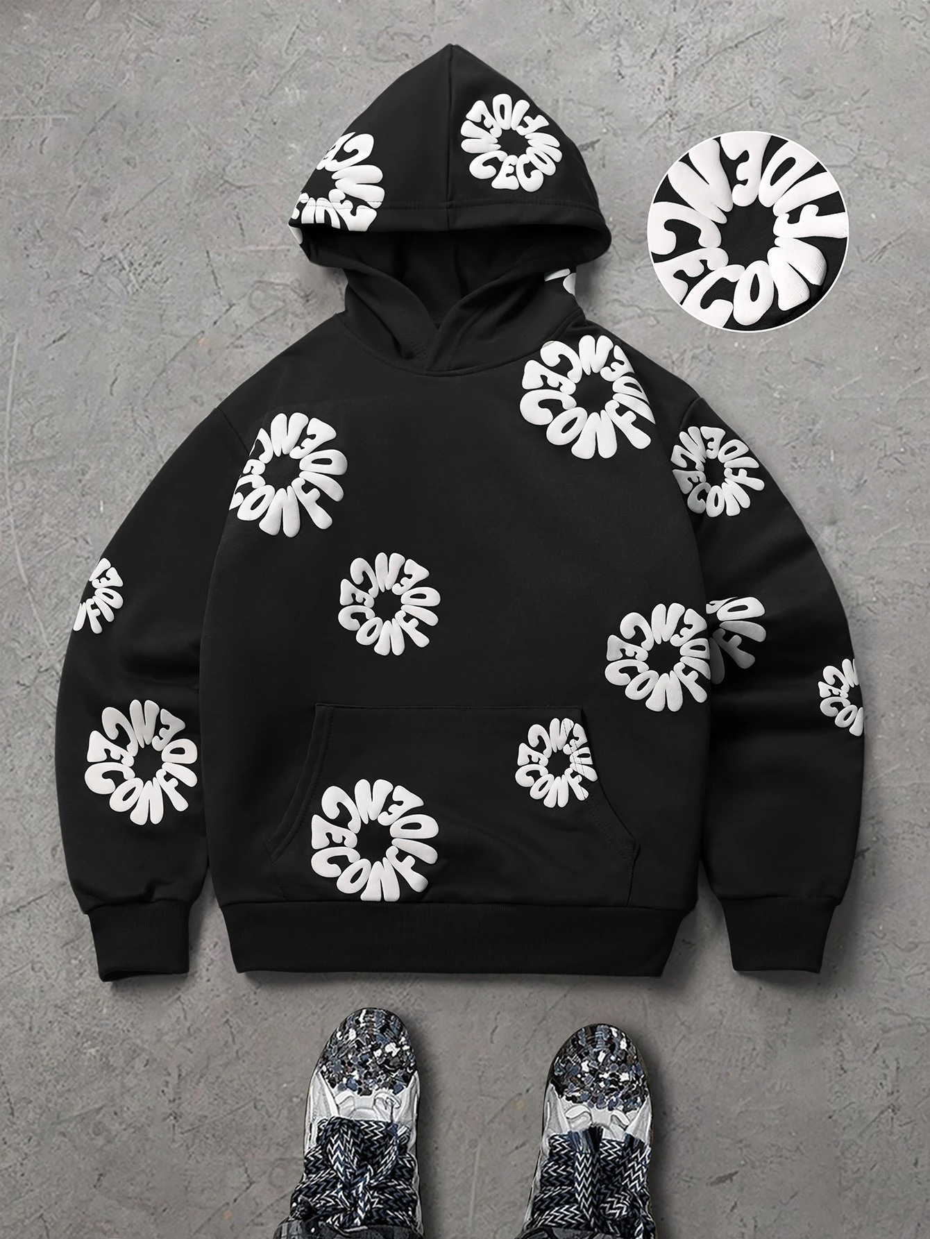 Herren Streetwear Hoodie Marke 3D Puff Print Blumenmuster Polyester Schwarz Kängurutasche Pullover Hoodie S-2XL Alle Größen 1 Stück – Detail 1