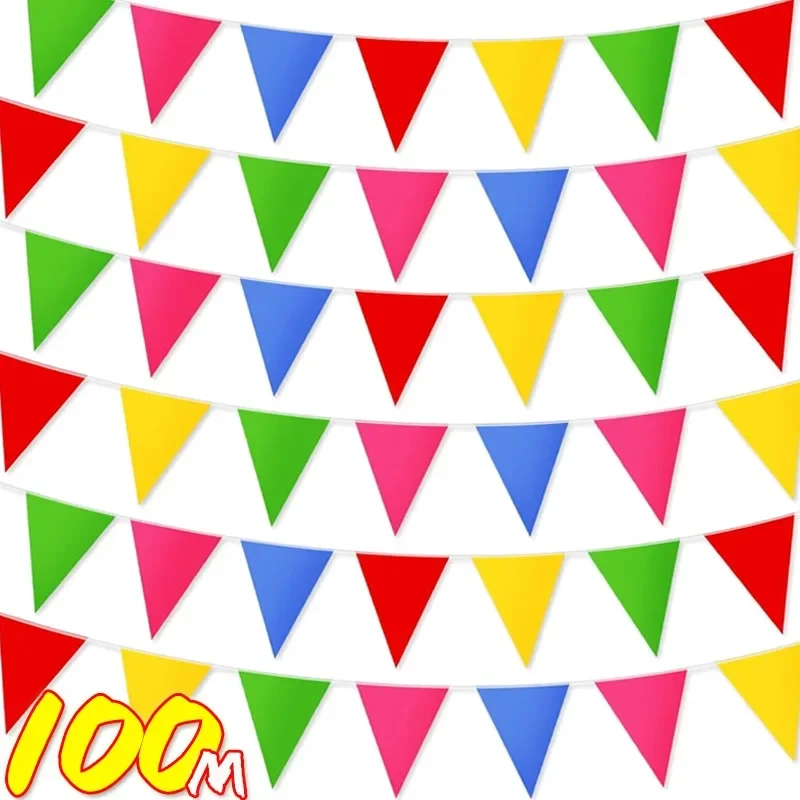 100M Multicolored Triangle Flag Bunting Banner Nylon Fabric Pennant Festival Outdoor Decor Garden Shop Street Hanging Decoration