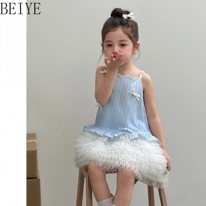 Summer Baby Girl Suspender Dress Fashion Style Striped Ballet Style Cake Dress Children Sleeveless Princess Sweet Dress