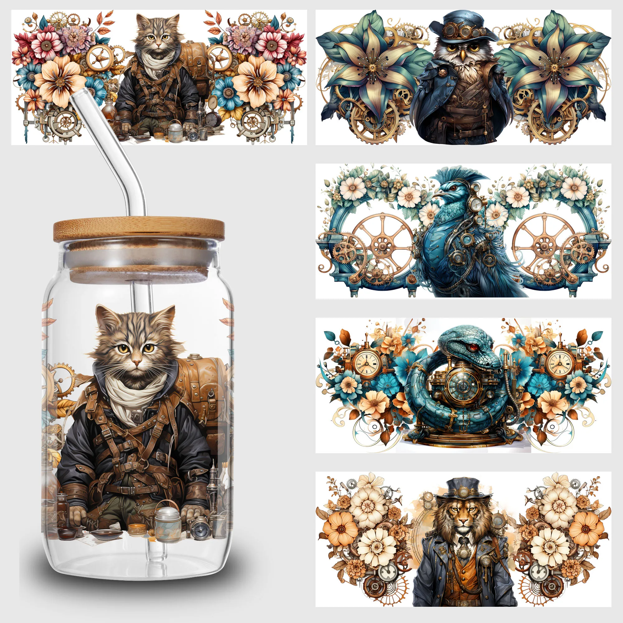 5 Sheets Steampunk UV DTF Cup Wrap,Sport DTF Transfer Stickers for Glass Cup,Waterproof funny Punk animal Rub on Transfers