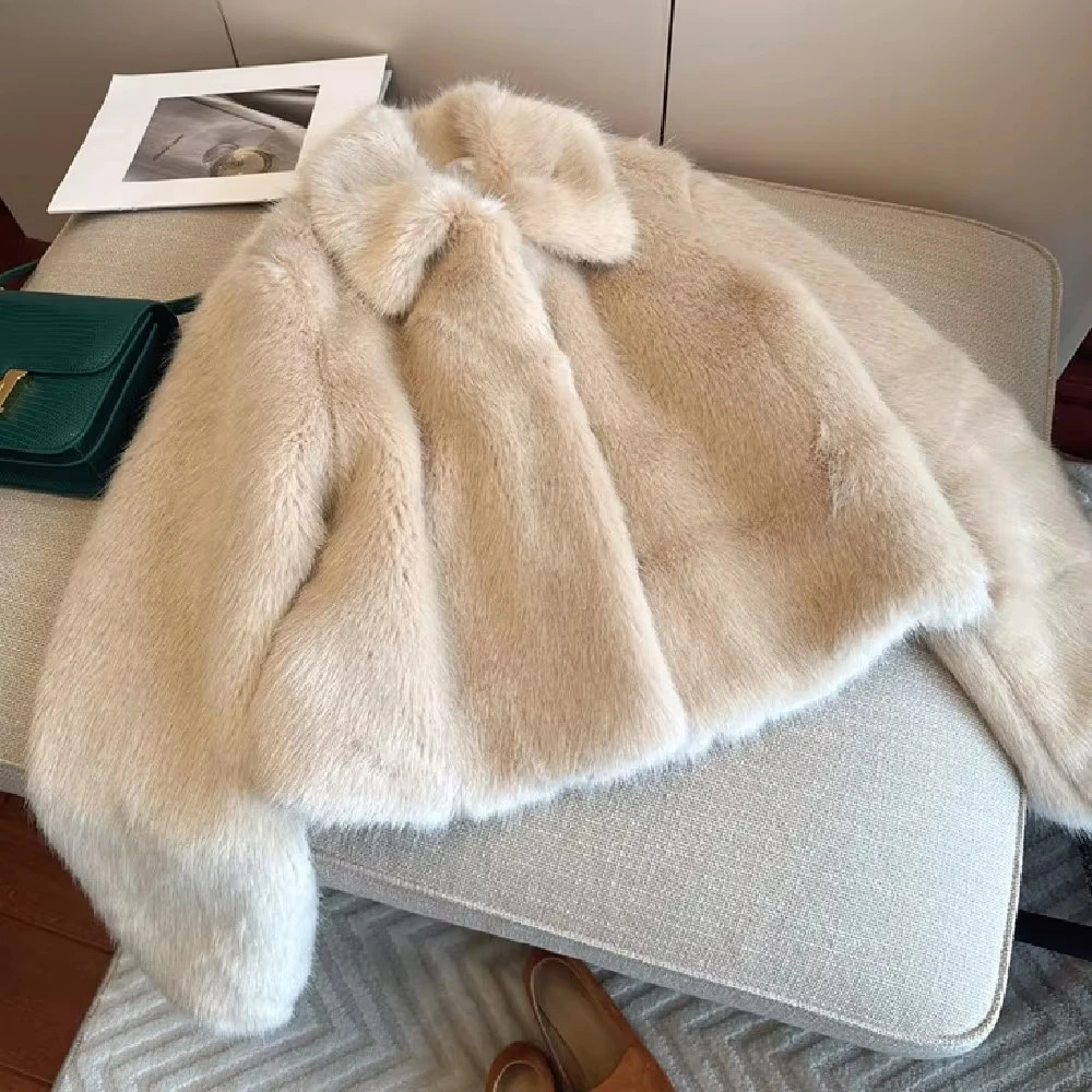 Winter Women Beige Turn down Collar Lapel Hairy Shaggy Soft Faux Fur Coat Long Sleeve Furry Fur Warm Jacket Short Outerwear