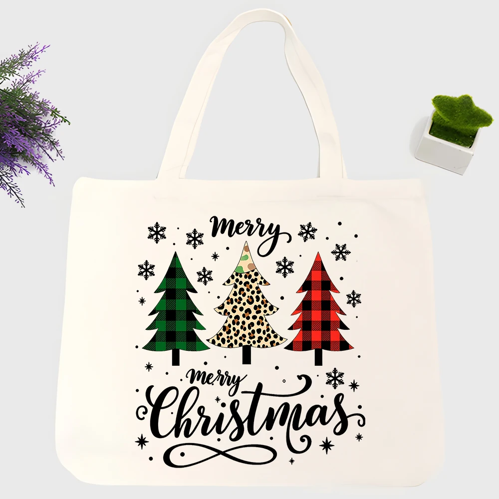 Men's Christmas tree pattern canvas tote bag with plaid and animal print, perfect for holiday shopping and casual winter outings