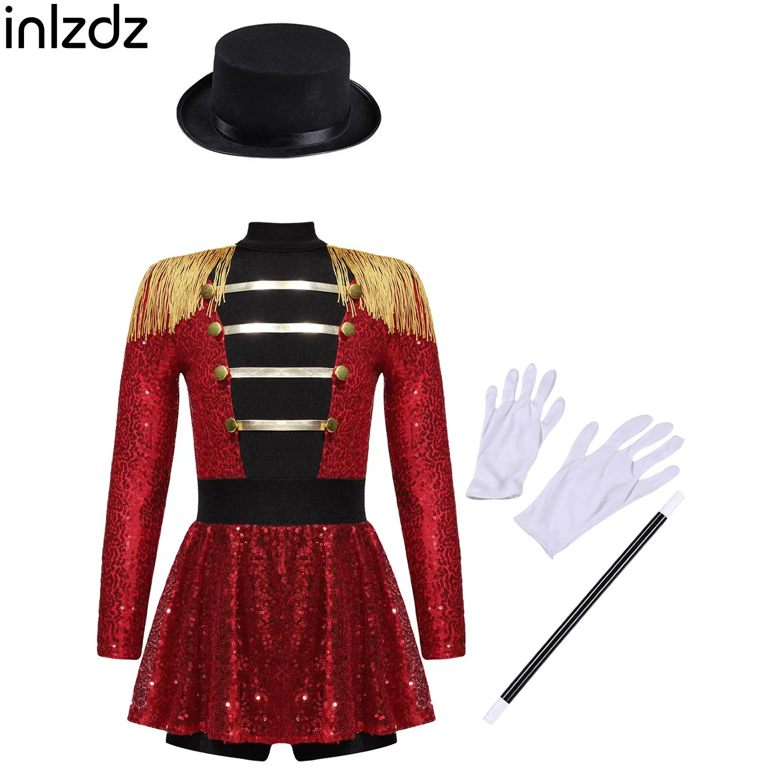 Kids Girls Ringmaster Circus Costume Set Tassel Shoulder Bodysuit with Hat Magic Wand Gloves for Halloween Cosplay Dress Up