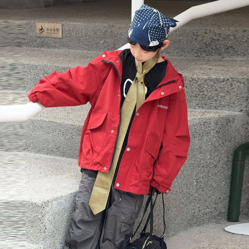 Children's Hooded Jacket Trendy Cool Hooded Red Loose Casual Top Boys Jacket 2026 Spring and Autumn New