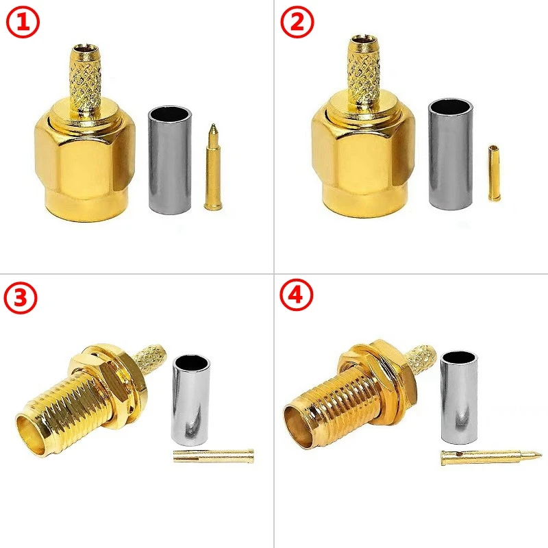 

100Pcs SMA RPSMA Male Plug Female Jack Connector Crimp for LMR100 RG174 RG316 RG179 Cable Brass Gold Plated Fast Delivery Copper