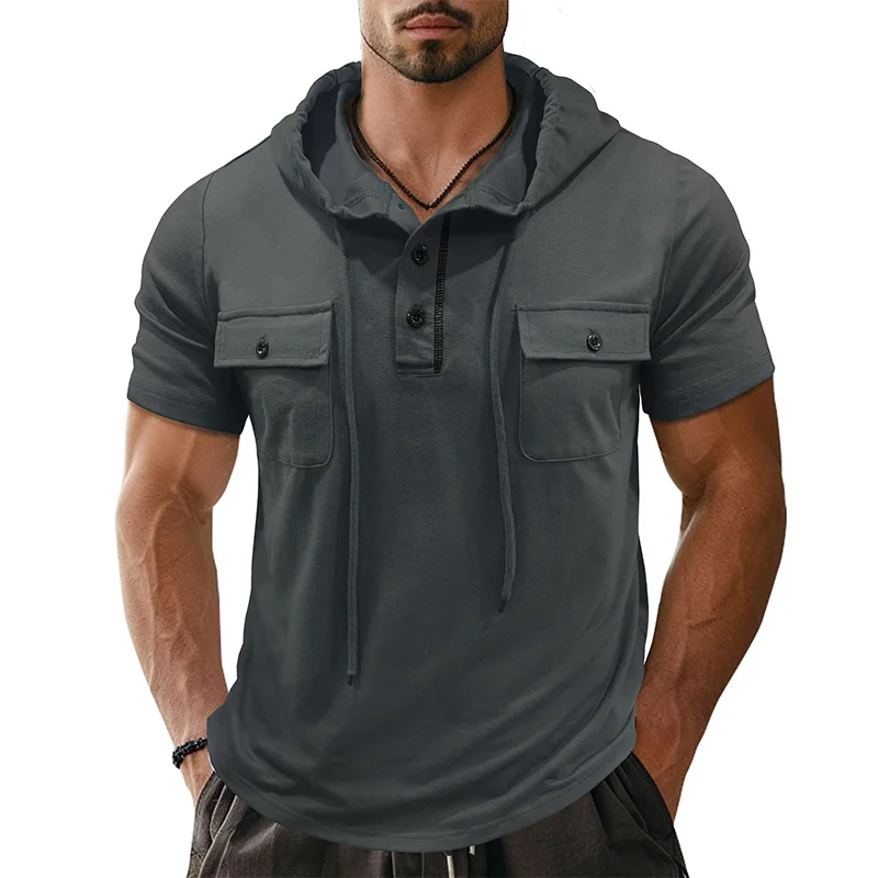 Foreign trade men's outdoor double pocket short-sleeved undershirt cross-border casual small sweater hooded top T-shirt 62231