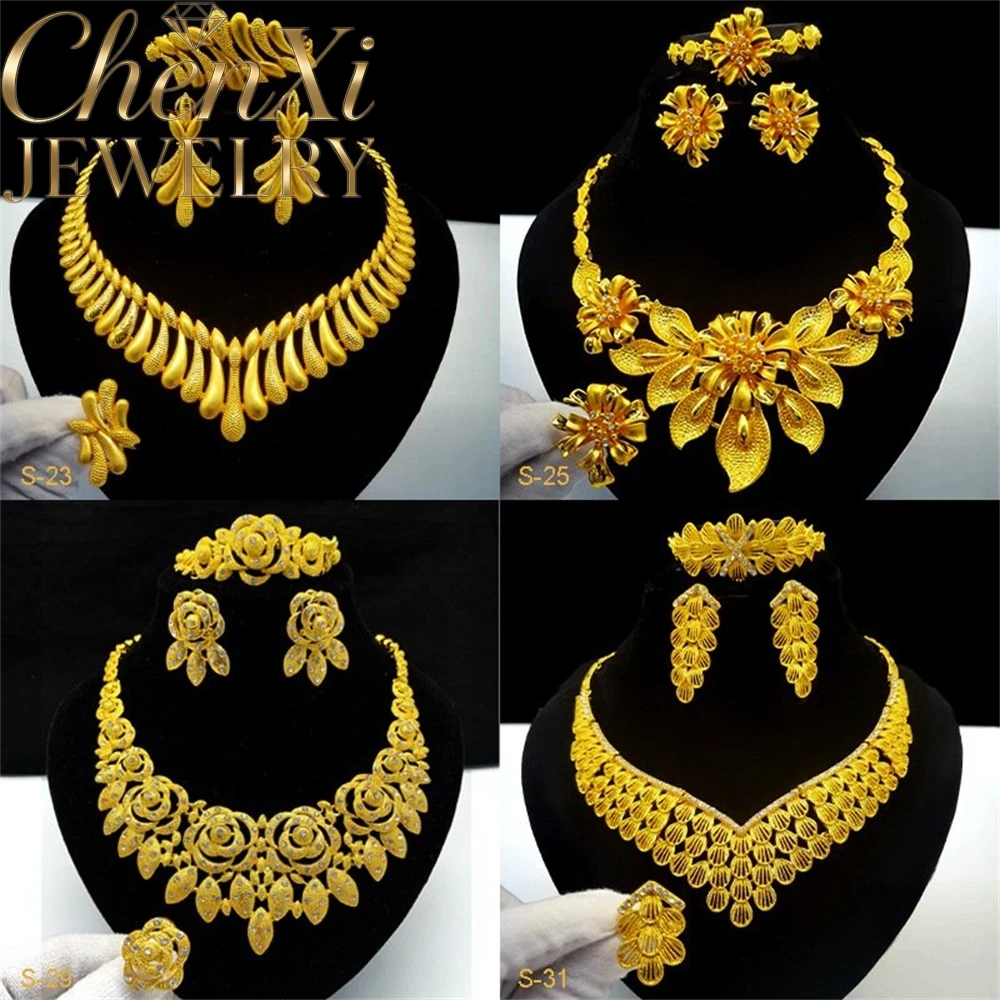 High-End Luxury Elegant Alluvial Gold Fashion Popular Jewelry Set Women Wedding Party Banquet Necklace Earrings Ring 4pcs Gift