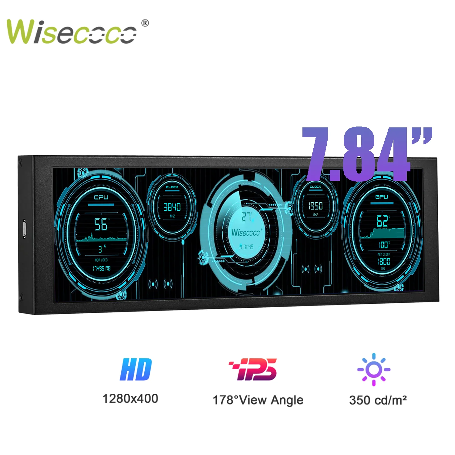 

Wisecoco 7,84-дюймовый мини-портативный монитор IPS ЖК-дисплей CPU GPU Мониторинг Вторичный экран для ноутбука ПК Окно 10/11