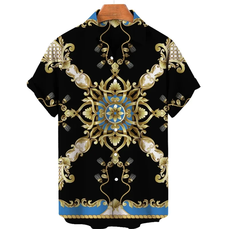 Luxury Baroque Style Shirt for Men Clothing 3D Printed Hawaiian Beach Shirts Short Sleeve y2k Tops Vintage Lapel Man clothes