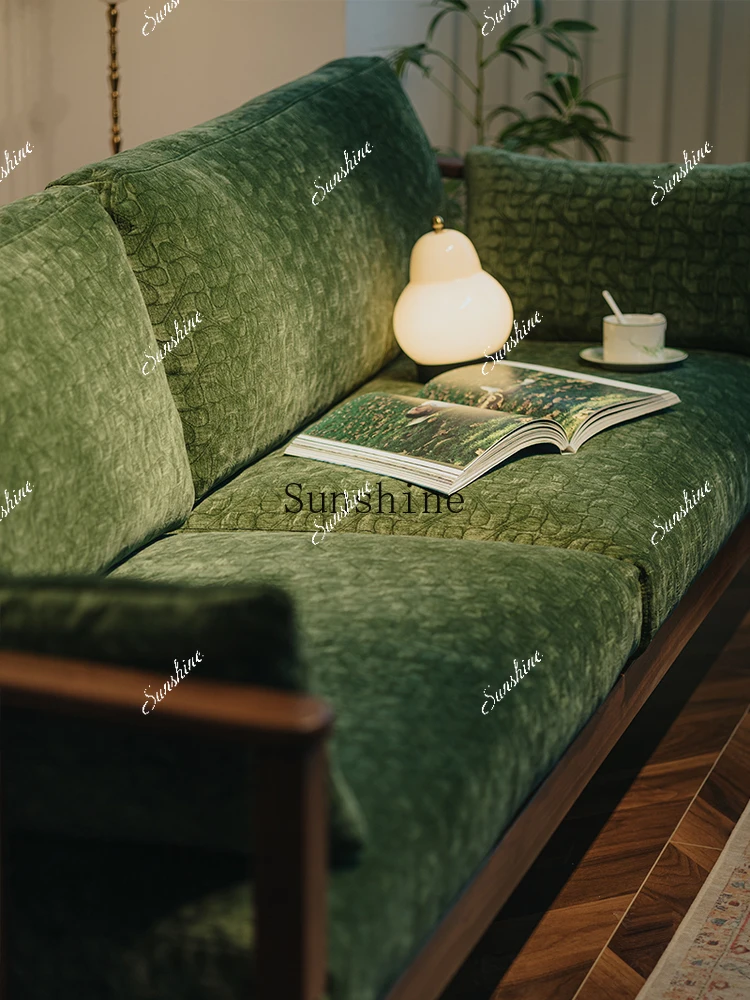 Retro three-person green fabric sofa black walnut small apartment living room furniture  FT