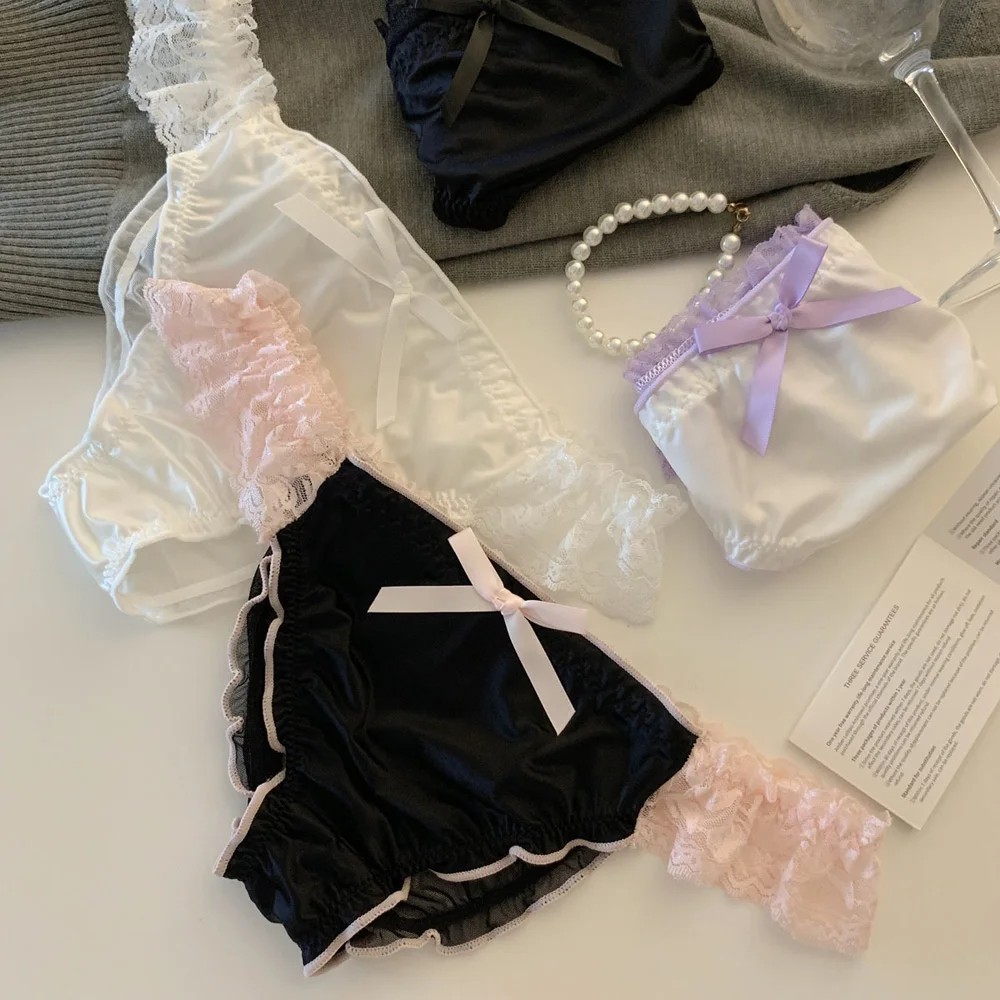 Dámské kalhotky s krajkou a volánky, sexy saténové spodní prádlo, dámské síťované duté kalhotky s nízkým pasem, prodyšné kalhotky s dlouhým rukávem, spodní prádlo - náhled 4