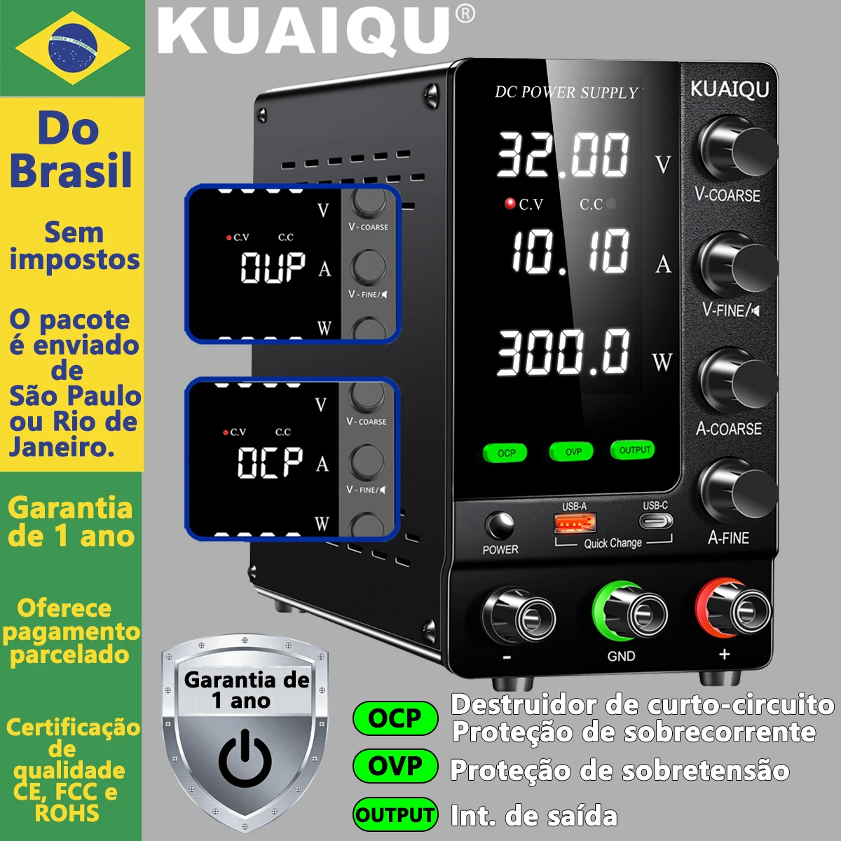 fonte de bancada 30v 10a já no brasil, fonte 300w, fonte 12v, fonte 24v, Fontes de Alimentação DC Reguladas para Laboratório com OCP/OVP/Saída/Encoder/Carregamento Rápido USB-A Tipo-C, Do Brasil, Sem impostos