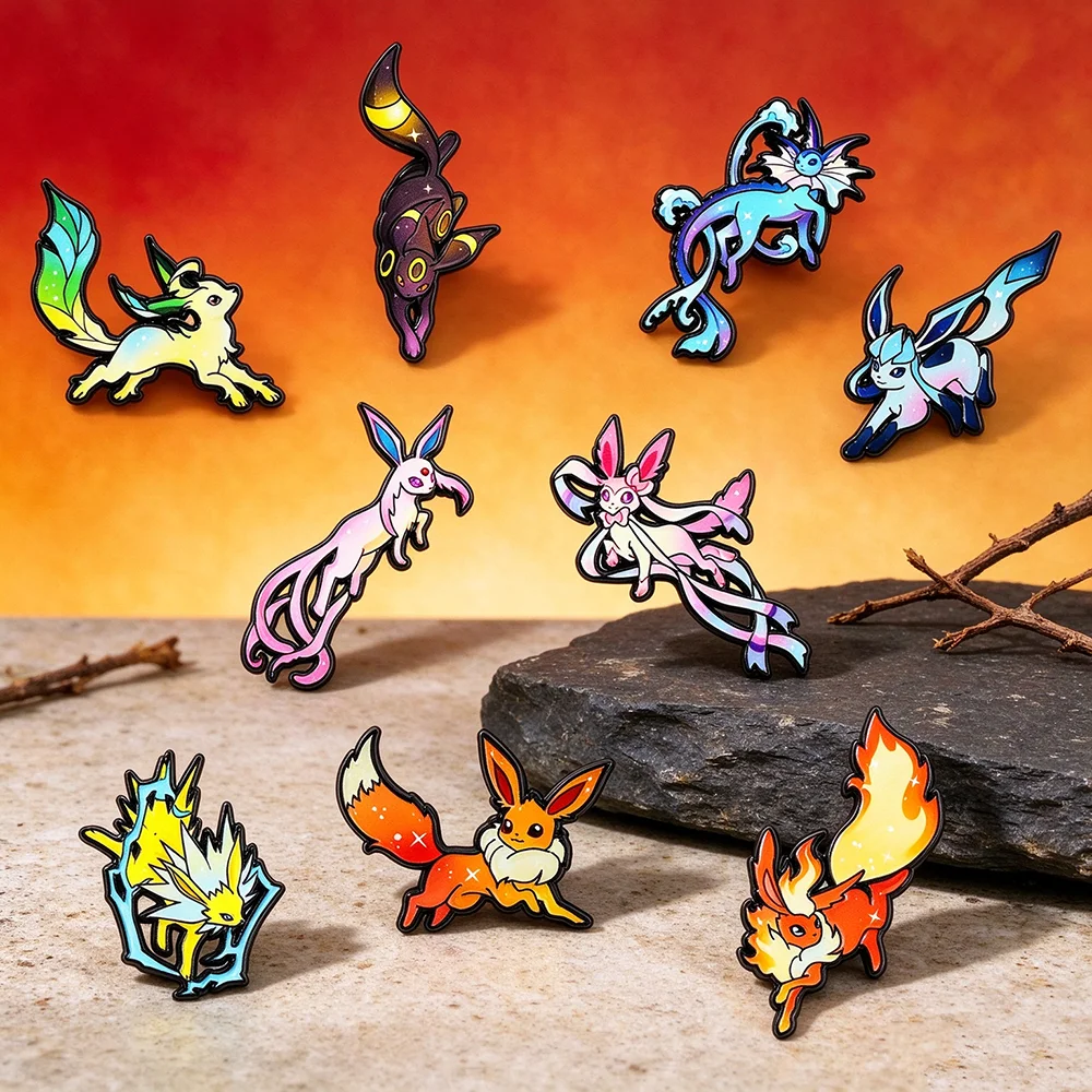 9Pcs Eeveelutions Monster Hard Enameled Brooch Set Anime Collectible Lapel Pins Backpack Clothing Accessories Gift for Fans