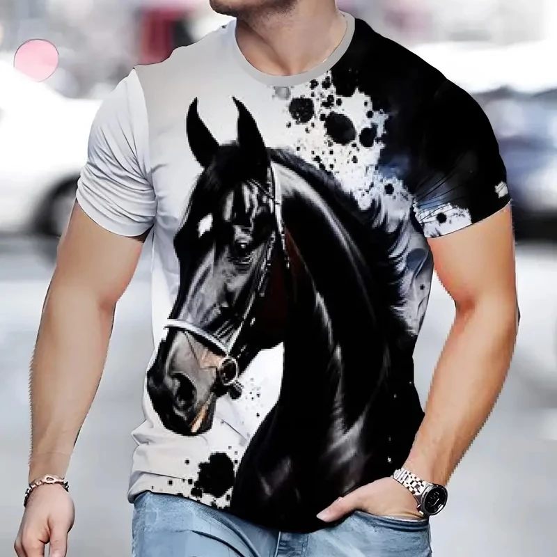 

Men's horse pattern 3D printed T-shirt summer fashion leisure quick drying short sleeved men's sports loose plus size men's Tee