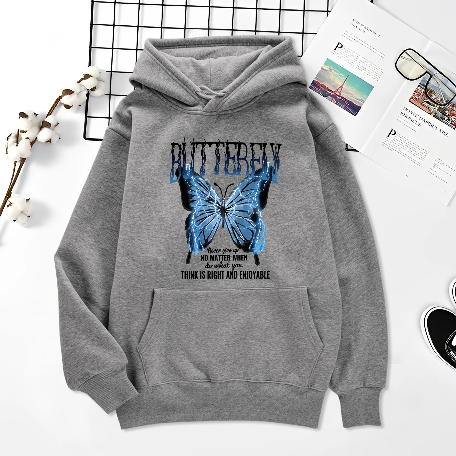 Blue Lightning Butterfly Creative Word Printing Clothes Mens Hip Hop Style Fleece Pullover Street Fashionable Male Hoody