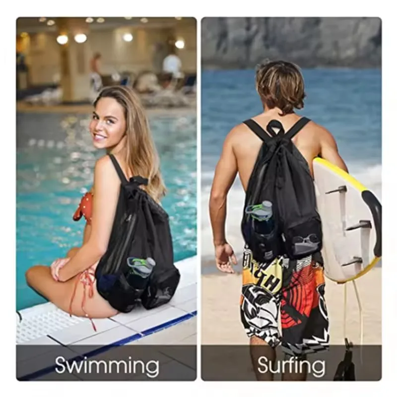Outdoor beach backpack, swimming bag, mesh perforated drawstring backpack with wet bag, gym yoga exercise storage bag, 1 pcs