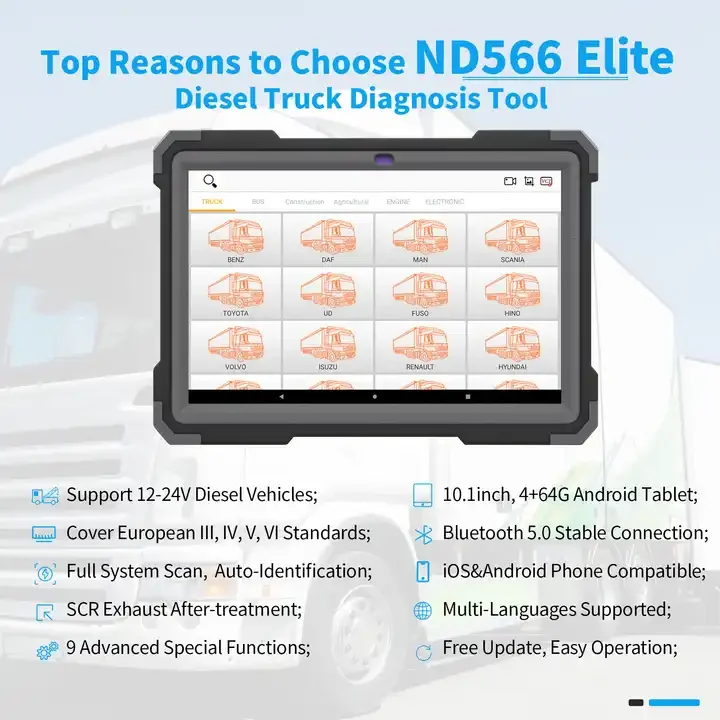 NexzDAS ND566 E Lite Heavy Duty Truck Full System Diagnostic Scanner For 12-24V Diesel Vehicles OBD2 Tools