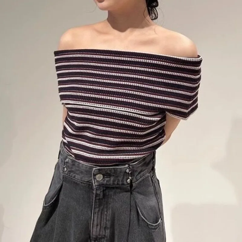 

Japan Style Striped Design Knit Shirt Temperament Hit Color Tees Slash Neck Short Sleeve T Shirt Elastic Pullover Summer 2024