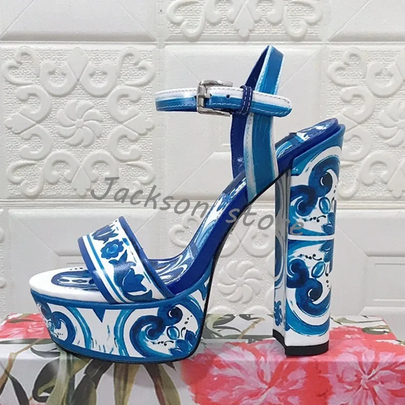 Retro Women\'s Printed Mixed Colors Sandals 2024 New Platform Super High Heel Totem Dress Shoes Banquet Buckle Female Pumps 15cm