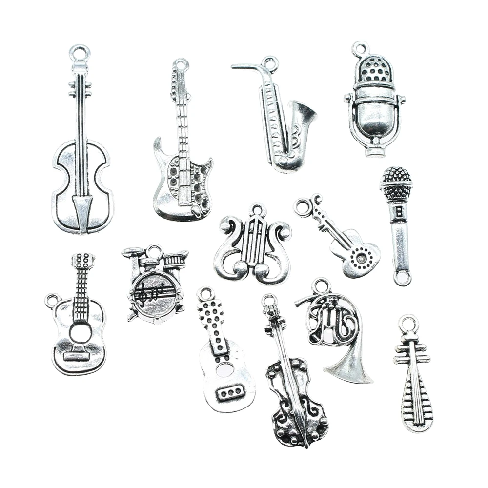 10pcs Musical Instrument Charms Antique Silver Color Guitar Microphone Violin French Horn Charms For Jewelry Making