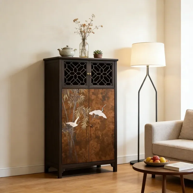Song Style Aesthetics New Chinese Solid Wood Hollow Wardrobe Retro Painted Bamboo Crane Storage Cabinet Household Organizer