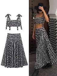 HH Women Fashion Print Skirts Suit Sexy Backless Sleeveless Slim Corset Crop Top Side Zipper Midi Skirt Y2K Streetwear Sets