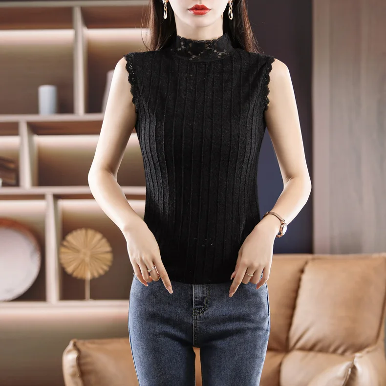 Woman's Vest Cool Summer Turtleneck Lace Stitching Cotton Solid Color Sleeveless Fashion Ladies Tops Dropshipping DSZY102