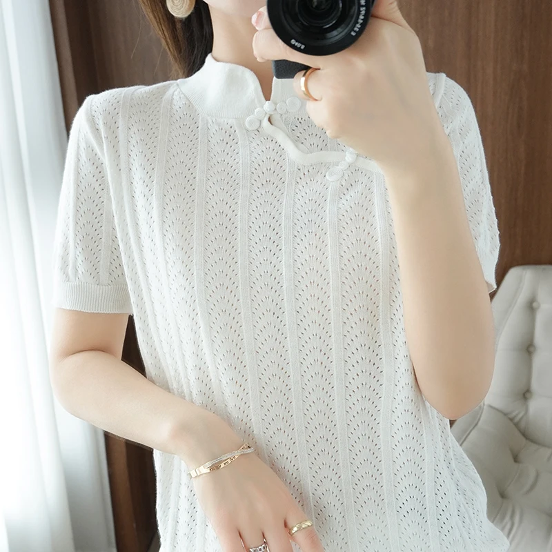 New Summer Women 100% Cotton Soft Sweater T-shirt Short-sleeve Chinese Cheongsam Buckle Hollow Pullover Tees Casual Knitted Tops