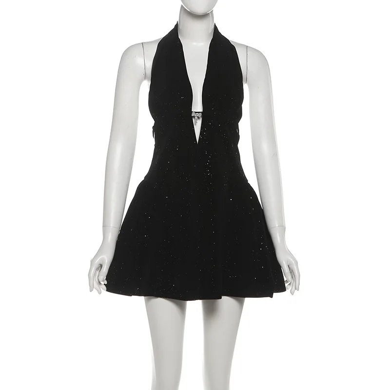 SKMY 2026 Winter Neue Frauen Kleidung Neckholder Tiefem V Glitter Abnehmen A-Line Kurze Kleider Party Clubwear Ärmelloses Kleid