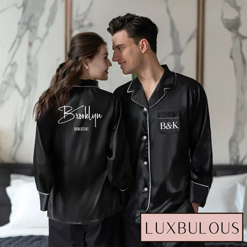 Personalized Pajamas Set, Couple Pajamas Set Customized Satin Pajamas Bachelorette Wedding Party Valentine Anniversary Gift Pjs