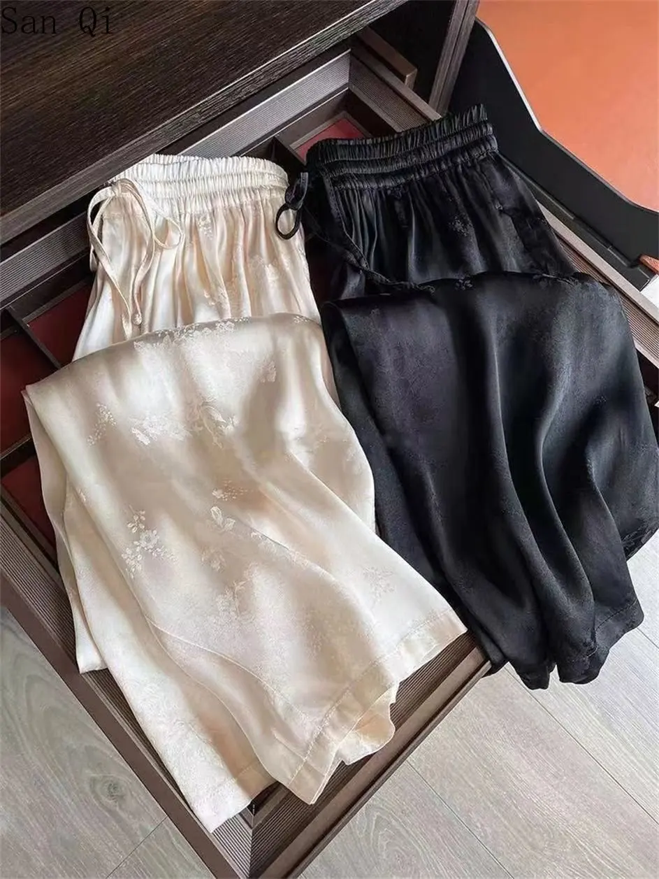 Lace Up Cool Pants Flower Pants Korean Style Y2k Pants New Satin Straight Pants Women Summer Thin Ice Silk