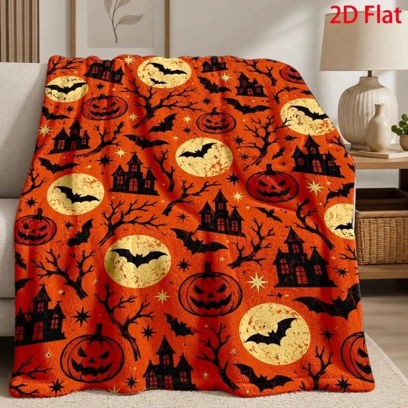 Halloween Castle Pumpkin Flannel Throw Blanket, Bat Jack O Lantern Full Moon Print,Soft Warm Blanket for Couch Bed Holiday Decor