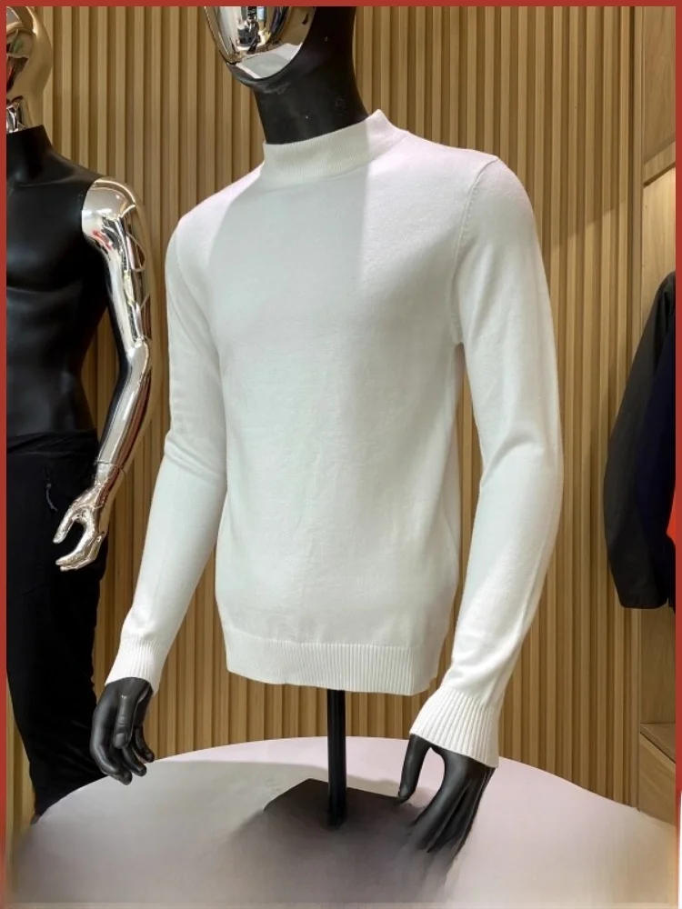 

Удобный мужской вязаный свитер со средним и высоким воротником, повседневный универсальный однотонный свитер для отдыха, модная зимняя смесь полиэстера