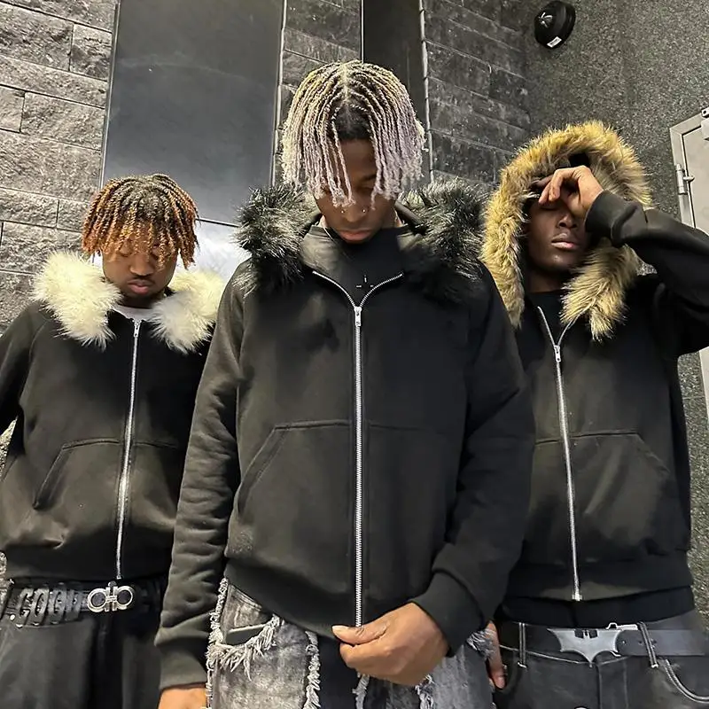 

Retro Rock Goth Streetwear Jacket Dark Faux Fur Collar Harajuku Hiphop Y2K Zip Up Hoodie Oversized Punk Zipper Hoodie Sweatshirt