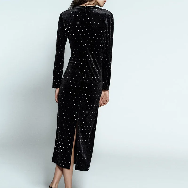 2016 حبة مزخرفة المخملية ميدي الدكتور مجموعة الشتاء الجديدة المرأة Faion Ele ثنيات ثوب للسيدات 25-35 سنة