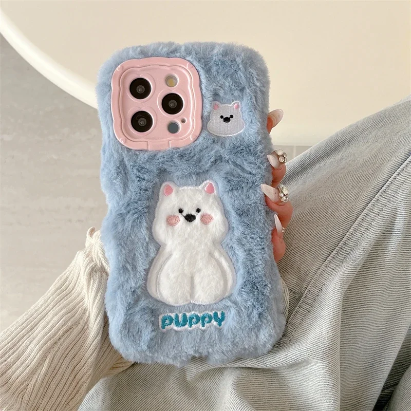 3D Cute Warm Winter Plush Furry Warm Winter Fur Back Cover For iPhone 16 15 14 13 Pro Max 14 Plus 15 Plus Stand Soft Phone Case