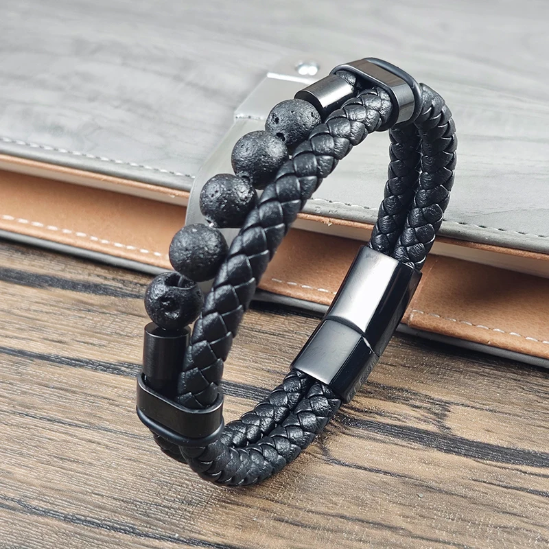 Herren Doppelt Geflochtenes Lederarmband Natürliche Lavastein-Perlen Magnetverschluss Vintage Punk Armband Männerschmuck Geschenk – Detail 7