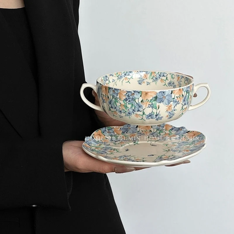

Vintage Floral Ceramic Bowl Dish Set Heat-resistant Dual Ear Dessert Bowl Soup Bowls High Aesthetic Value Household Tableware