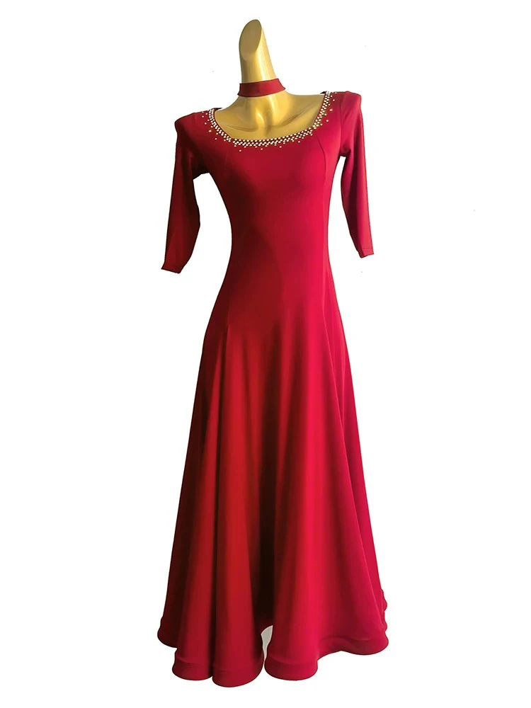 Ballroom Dance Competition Costumes For Female Customized Practise Luxury Rhinestone Dress Modern Dance Waltz Performance Dress