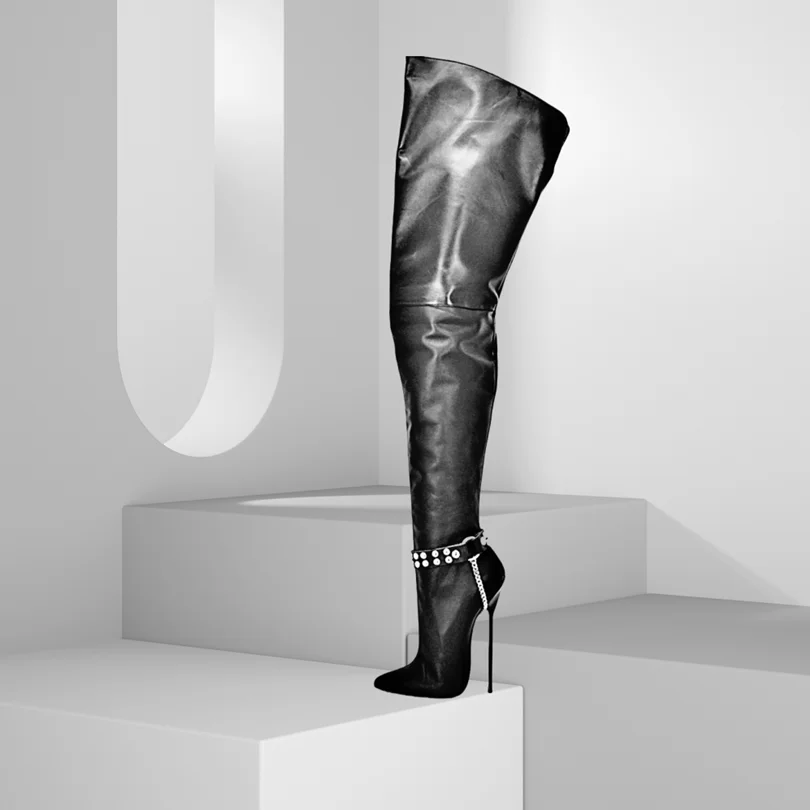 Zwart lederen stiletto sexy laarzen puntschoen mode lente ontwerp vrouwen party casual over de knie laarzen 2025, zapatos para mujer