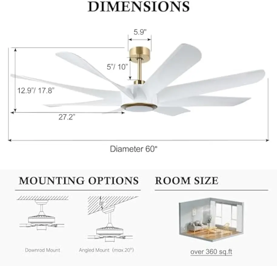 Ventilateur de plafond intérieur intelligent, Wi-Fi, compatible avec Alexa, lumière à distance, moderne, blanc, or, 60 pouces