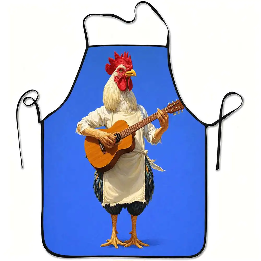 Funny Apron Featuring a Rooster Playing Guitar, Made from Durable And Easy-To-Clean Polyester. It Has an Adjustable Waistband An