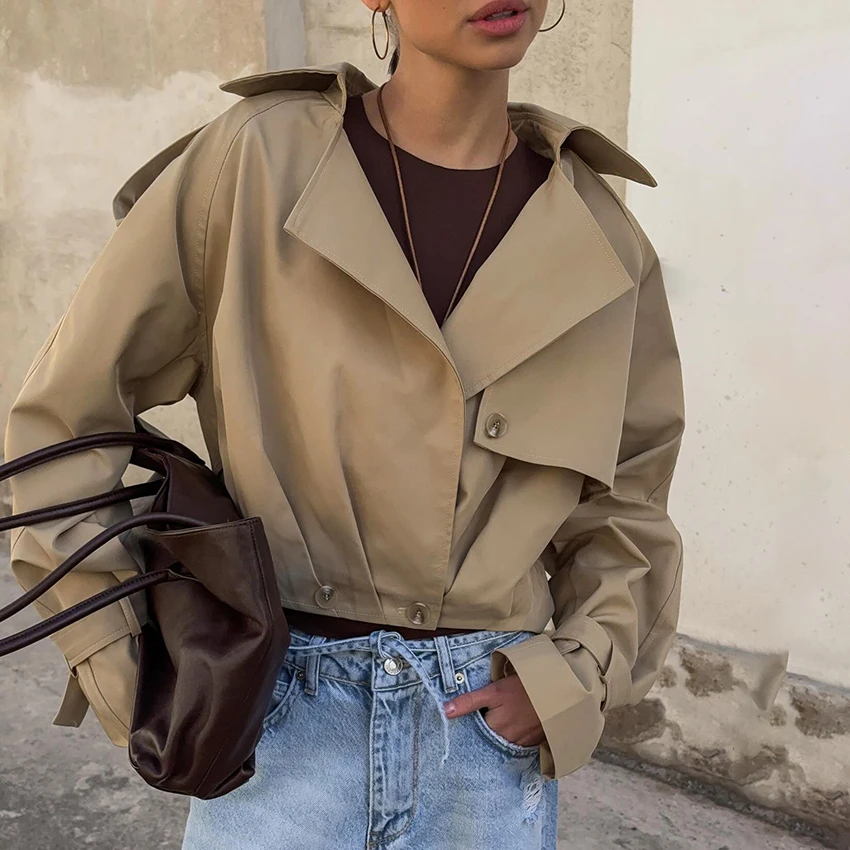 

Linad Street Chic Khaki Buttons Jackets Office Notched Collar Pleated Coat For Woman 2025 Autumn Outerwear Fashion Tops Female