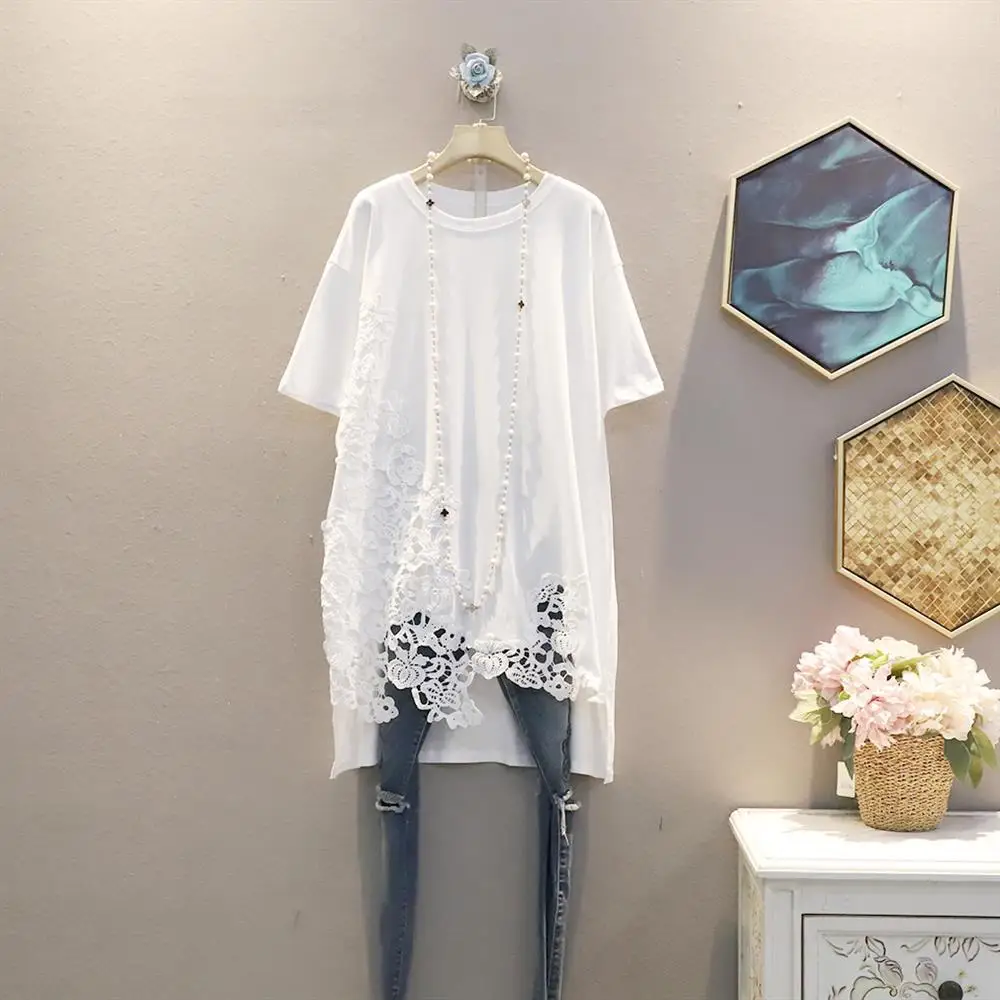 Été dentelle épissure évider ort Sve t-shirt Dr mi-long coréen Sle trajet marque fin de ligne grande taille jupe